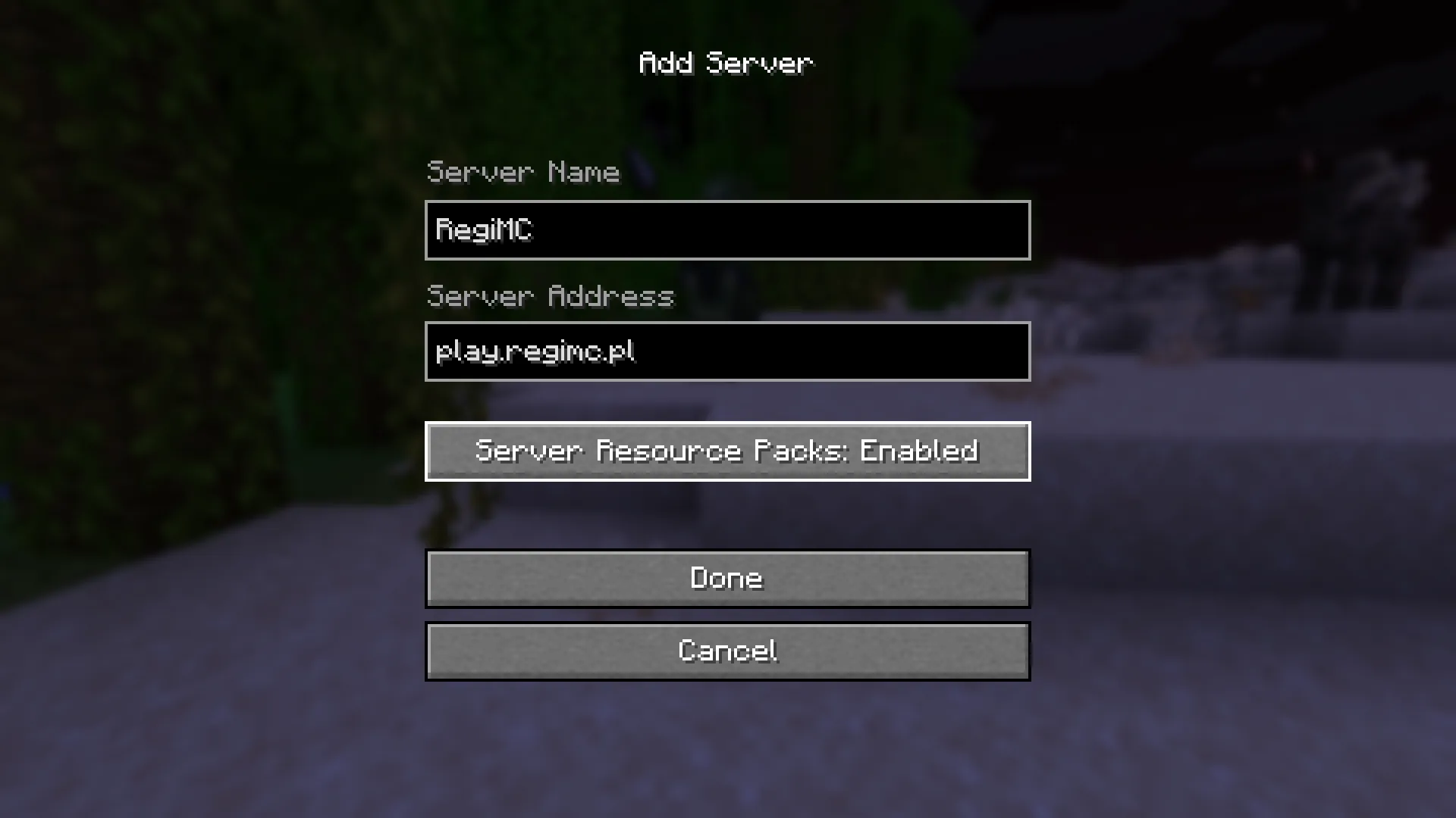 Formularz dodawania serwera z adresem play.regimc.pl i ustawieniem resource packów na Enabled